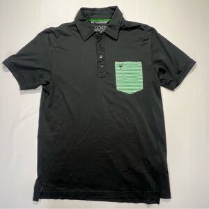 Travis Mathew Chive Golf Black Polo Shirt with Green Striped Pocket, Medium